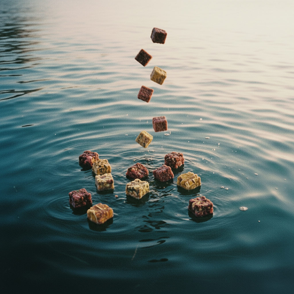 Tea cubes poured onto ocean, no frame